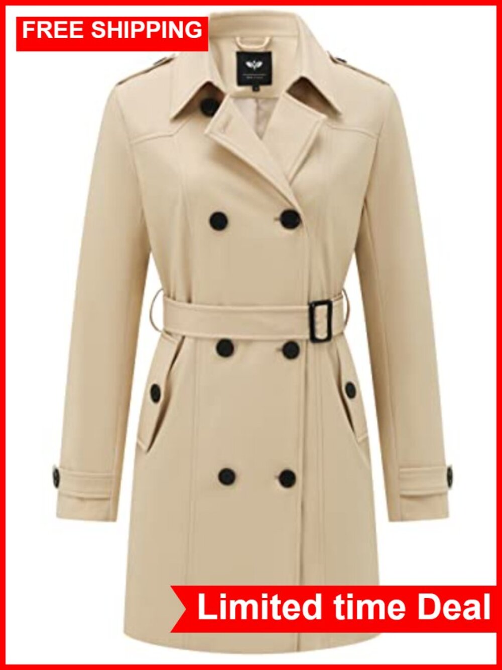 Women's Double-Breasted Trench Coat Belted Windproof Mid-Length Overcoat